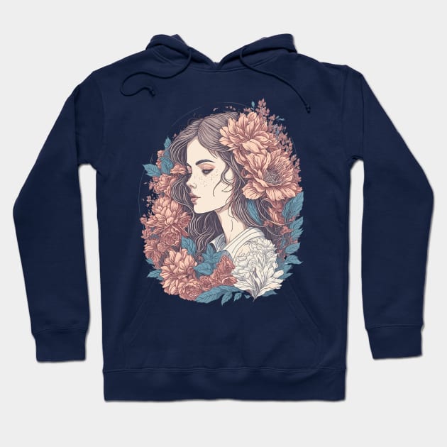 Floral Girl Illustration Hoodie by ElMass